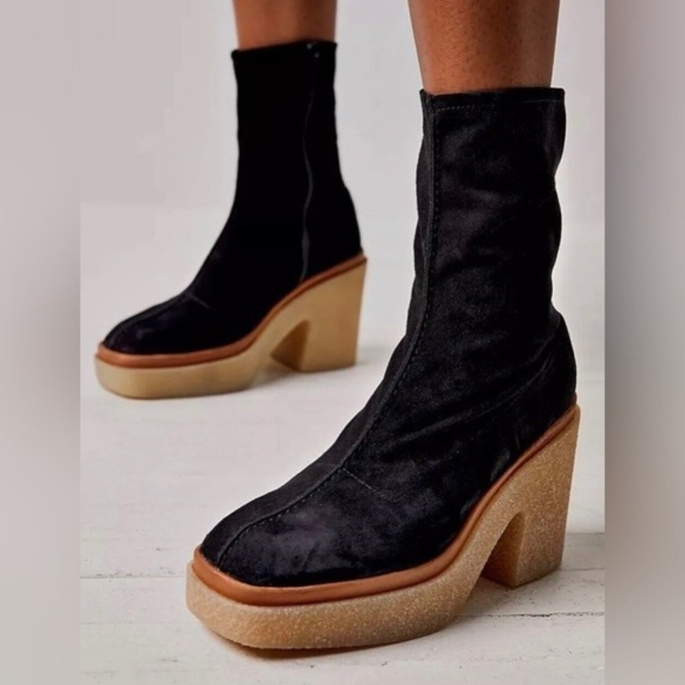 Free People Gigi Platform Boots‎ Women 37 Black Suede Chunky Heel Sock Boot